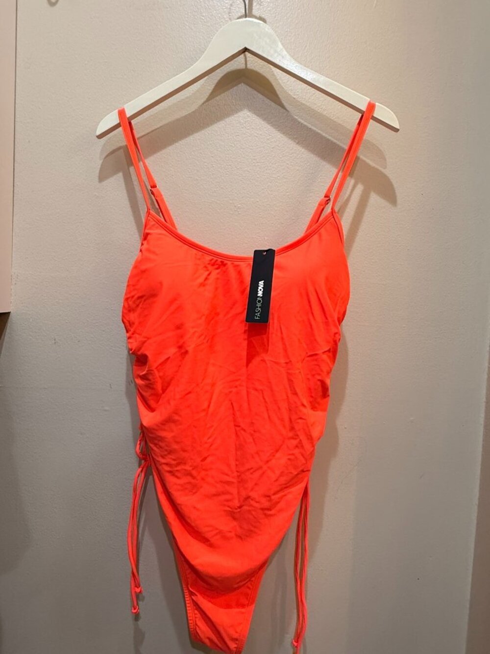 NWT Fashion Nova Neon Coral Rouched Thong One Piece Swimsuit 1X